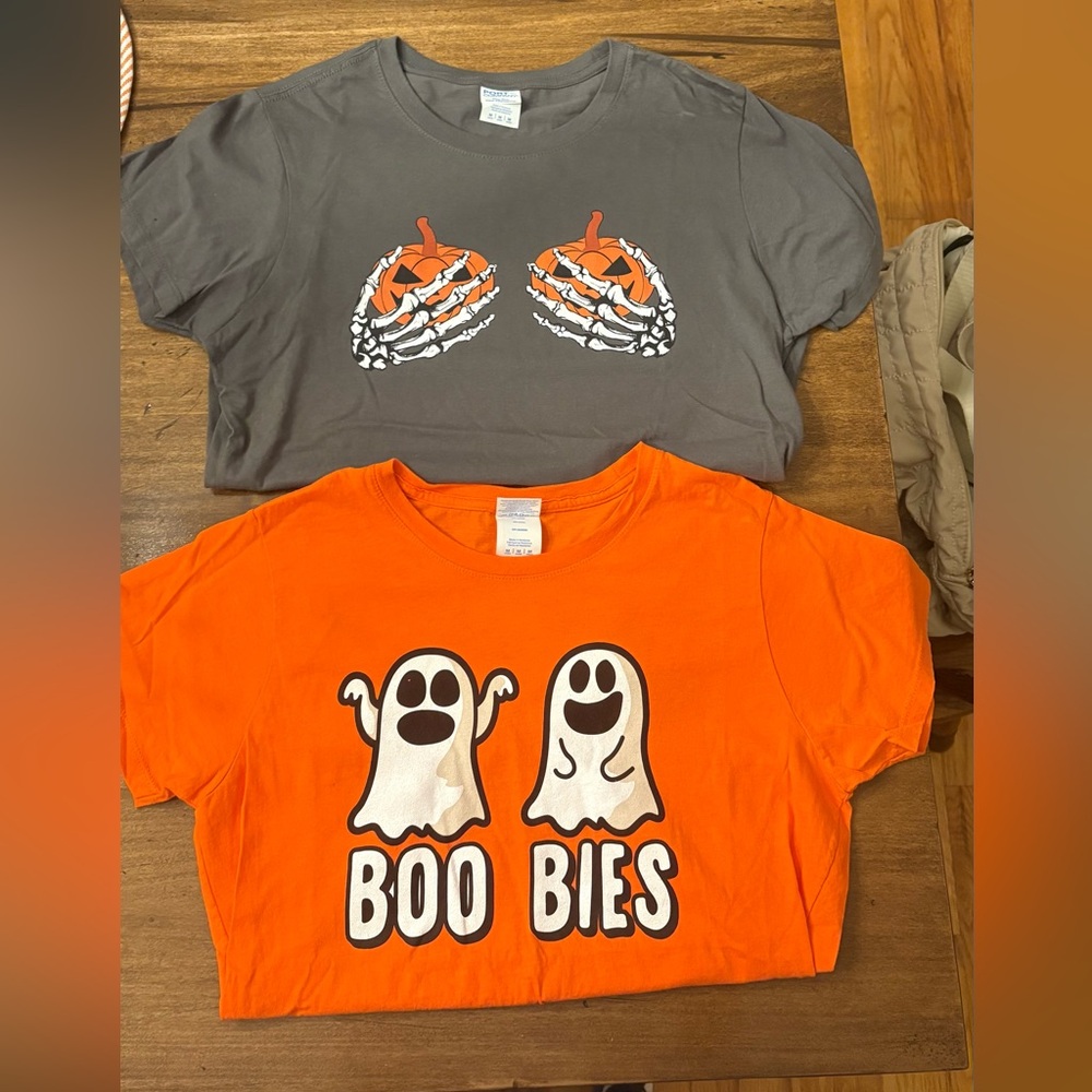 Halloween tees (2 pc) Gray Skeleton Hands T-Shirt and Orange Ghost T-Shirt